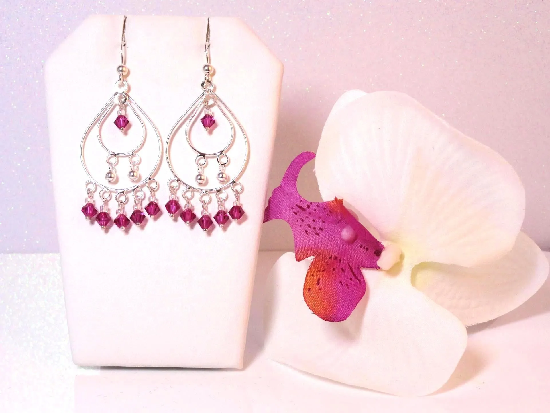 Swarovski Crystal in Fuchsia, Chandelier Earrings, set in 92.5 Sterling Silver