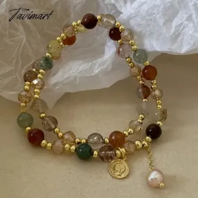 Tavimart Vintage Double Layered Crystal Pearl Beaded Bracelet for Women Ethnic Natural Stone Beads Wrap Bangle Bracelet Jewelry Gifts