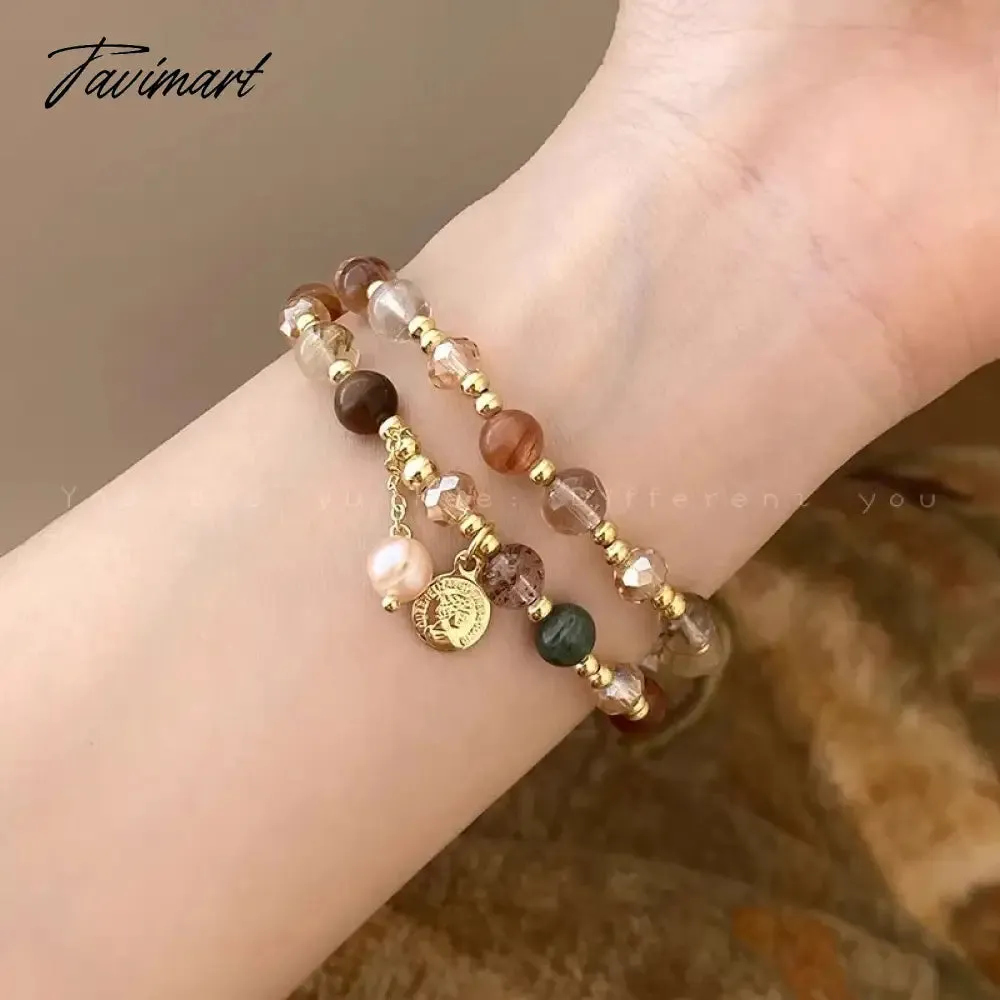 Tavimart Vintage Double Layered Crystal Pearl Beaded Bracelet for Women Ethnic Natural Stone Beads Wrap Bangle Bracelet Jewelry Gifts