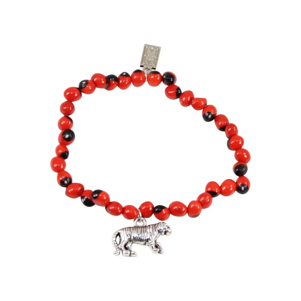 Tiger/Puma Charm Stretchy Bracelet w/Meaningful Good Luck, Prosperity, Love Huayruro Seeds