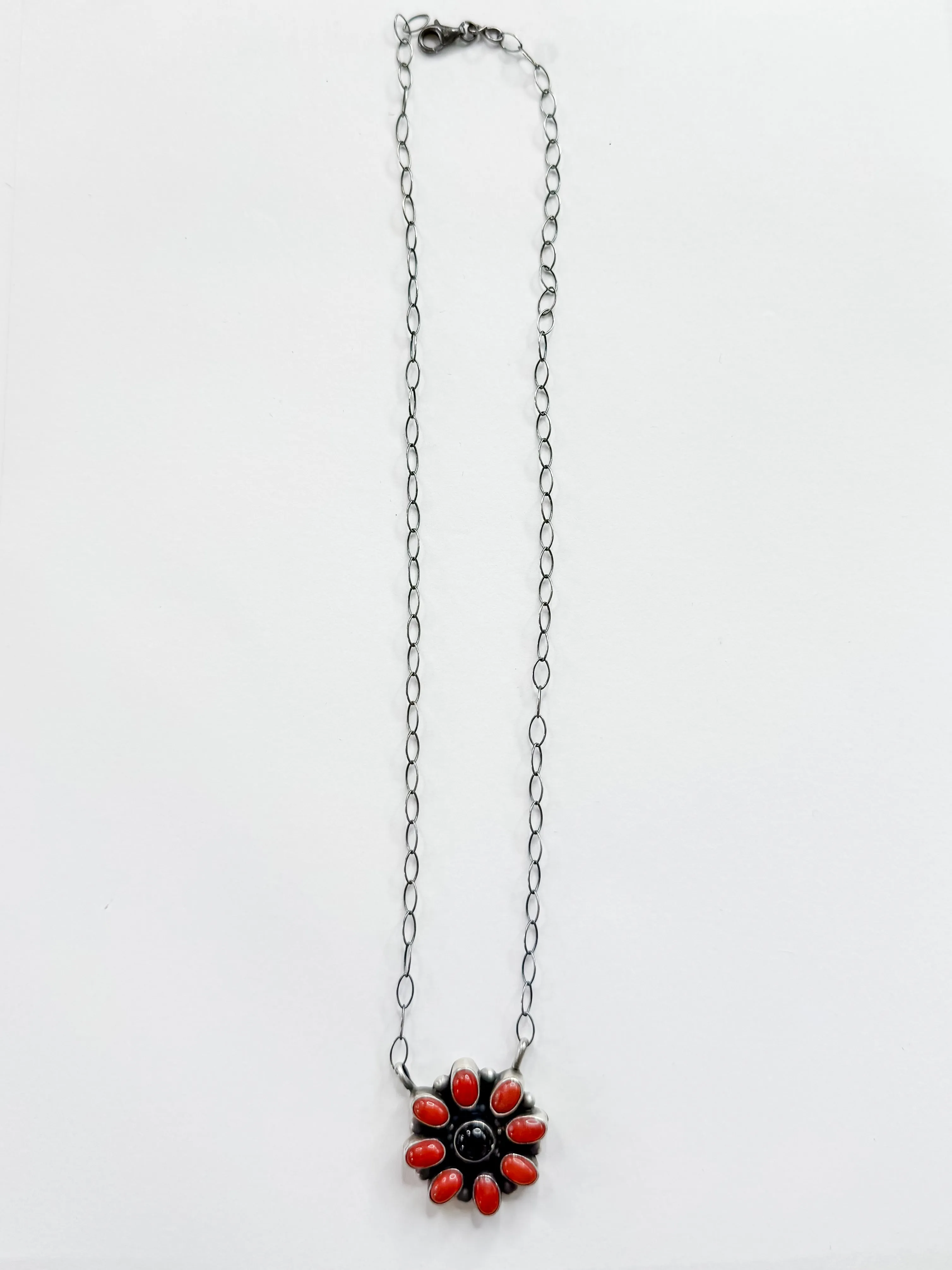 Timothy Yazzie | Navajo Handmade Sterling Silver Stone Flower Pendant Necklace in Red Coral and Onyx