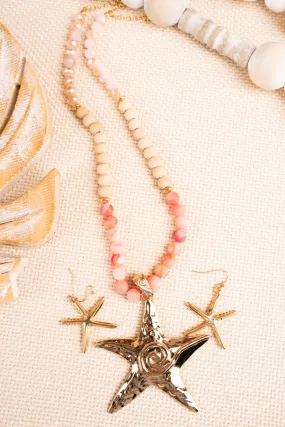 Treasure Cay Starfish Coral Beaded Goldtone Necklace and Earring Set