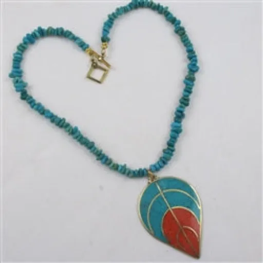 Turquoise Leaf Pendant on Turquoise  Necklace