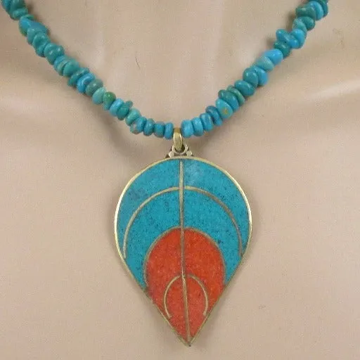 Turquoise Leaf Pendant on Turquoise  Necklace