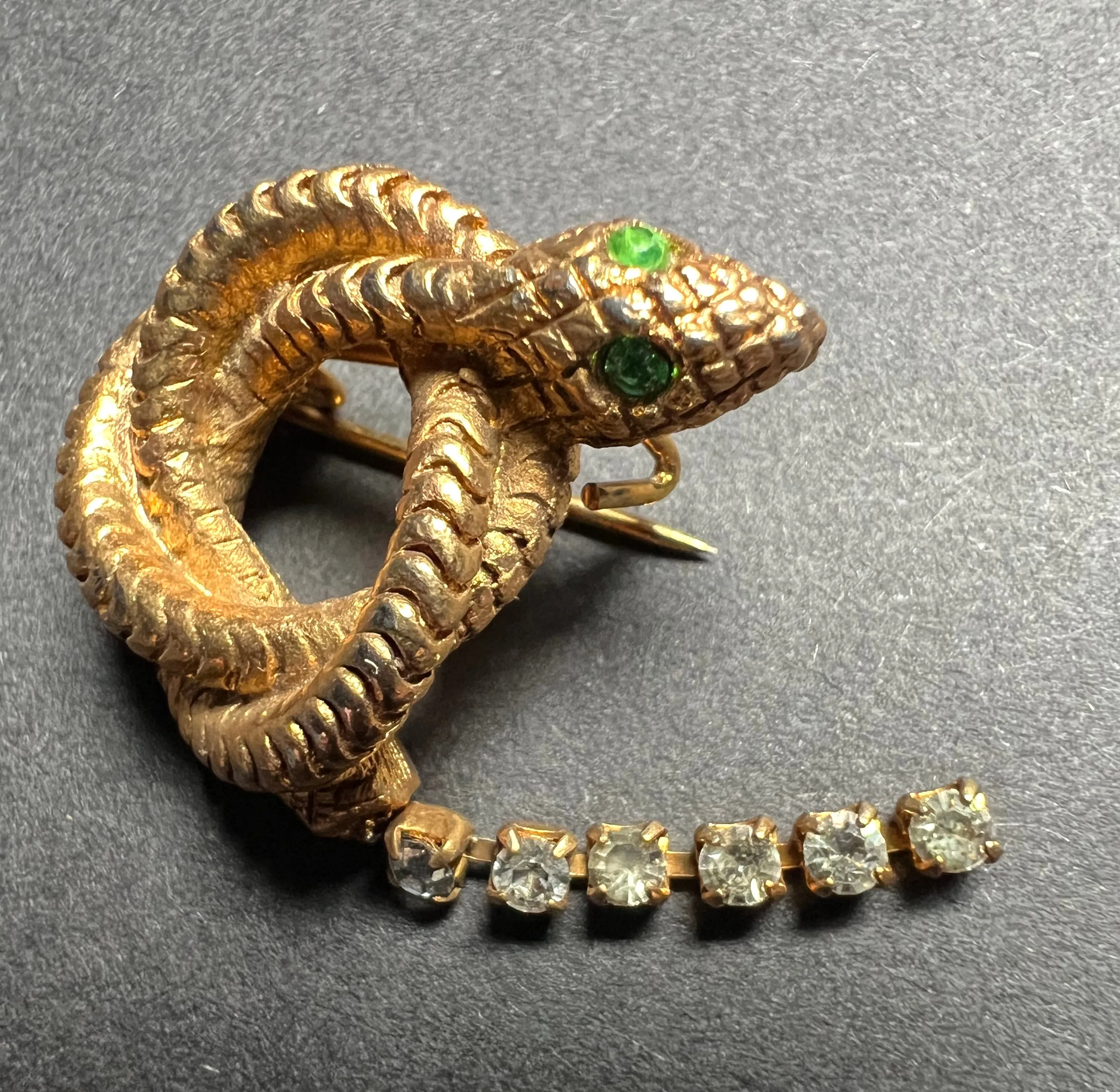 Unusual 1940s Snake Brooch With Diamante Tail and green Crystal Eyes.