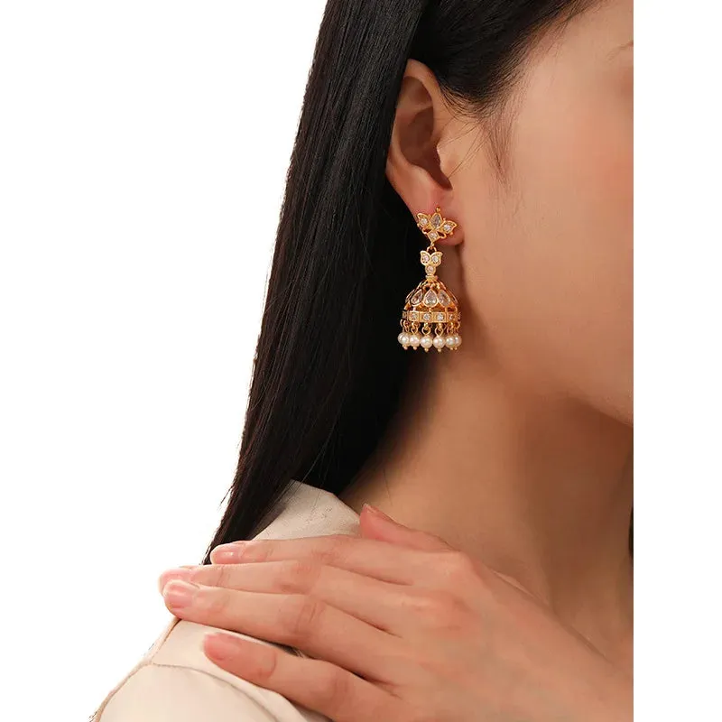 VAIGE Elegant Gold Pearl Chandelier Earrings with Glass Dangles