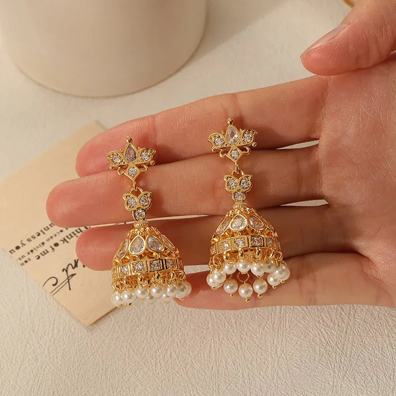 VAIGE Elegant Gold Pearl Chandelier Earrings with Glass Dangles