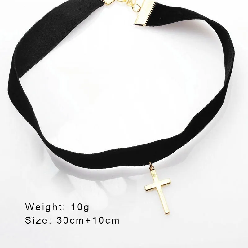 VenusFox Simple Black Flannelette Cross Pendant Necklace Women's Wedding Party Choker Jewelry Charming Lady's Clavicle Chain