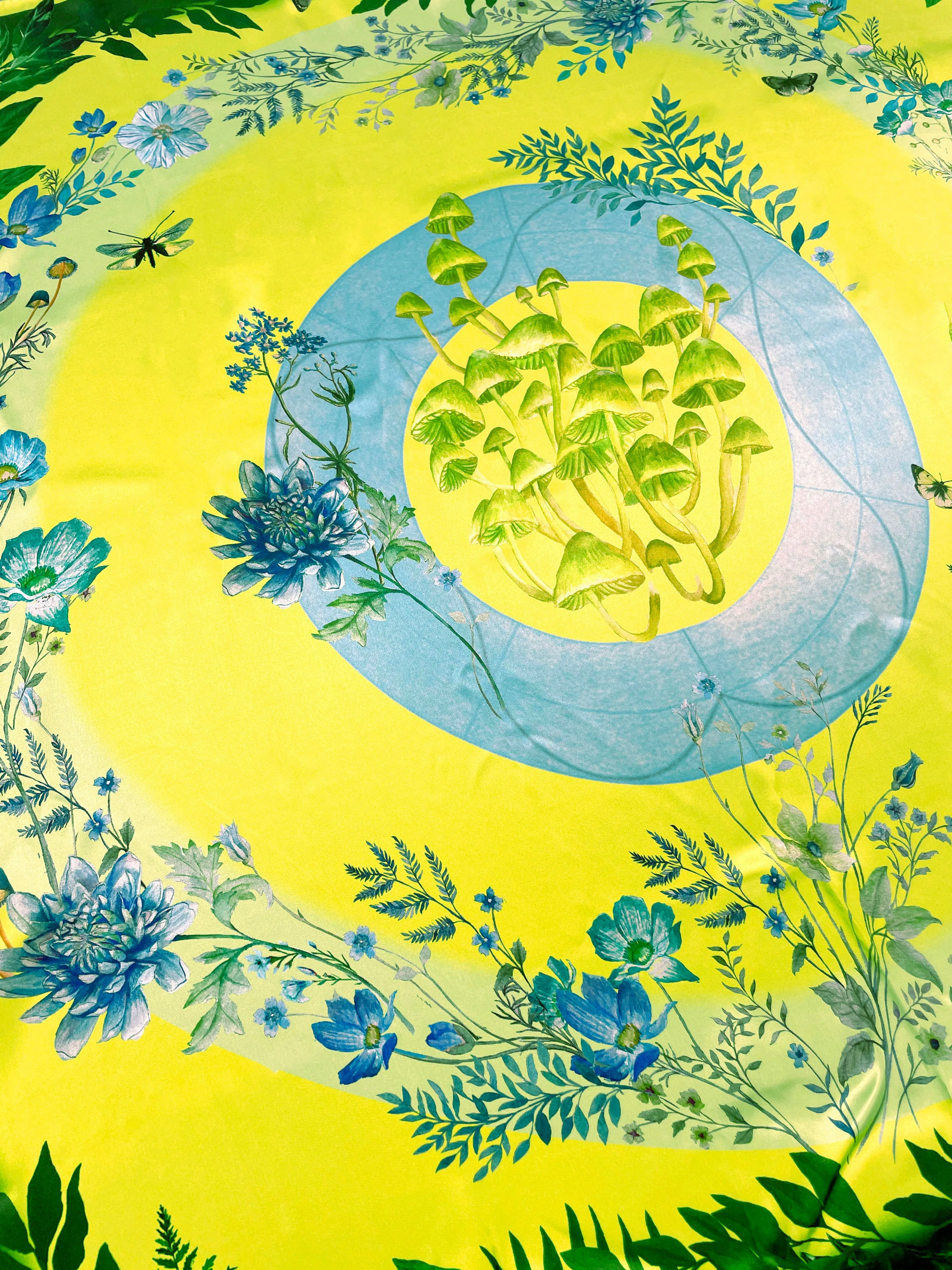 Vibrant yellow and pale blue ‘Luciferin’ floral silk scarf