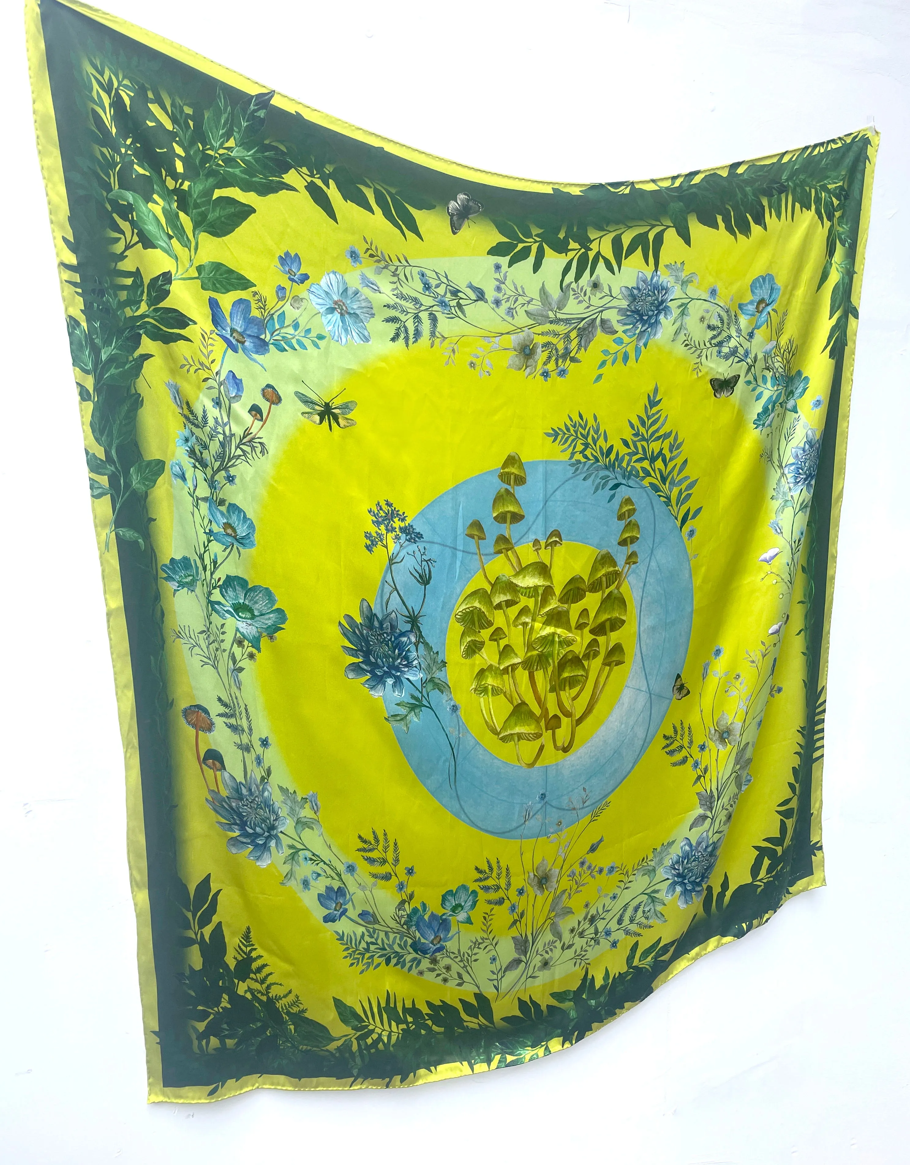 Vibrant yellow and pale blue ‘Luciferin’ floral silk scarf