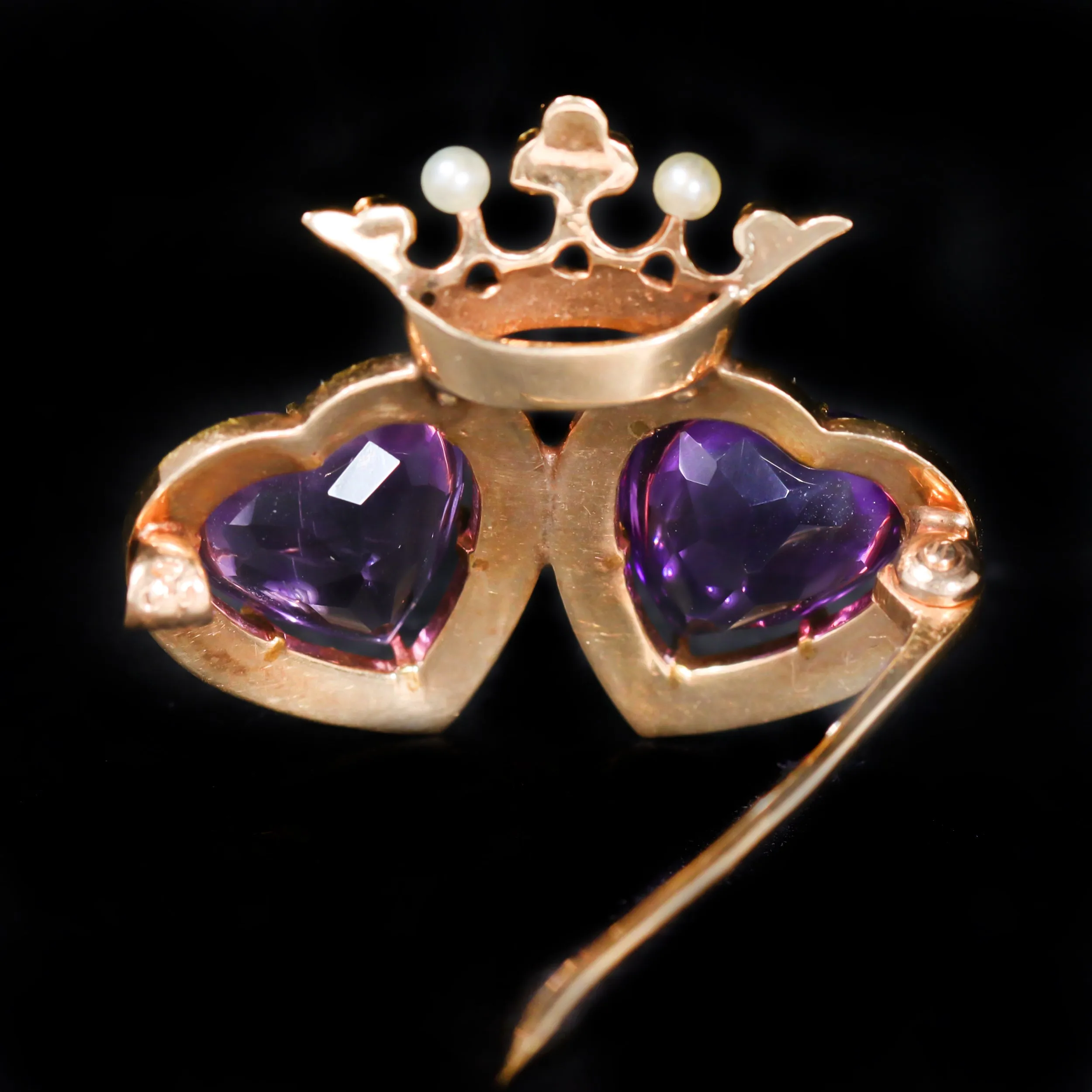 Victorian 14k Yellow Gold Amethyst and Pearl Crowned Hearts Brooch