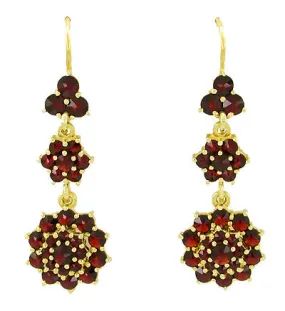 Victorian Bohemian Garnet Floral Double Drop Earrings in 14 Karat Yellow Gold and Sterling Silver Vermeil