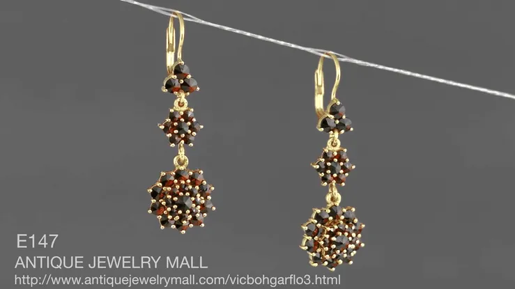 Victorian Bohemian Garnet Floral Double Drop Earrings in 14 Karat Yellow Gold and Sterling Silver Vermeil