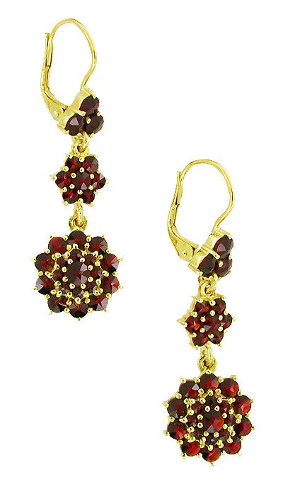 Victorian Bohemian Garnet Floral Double Drop Earrings in 14 Karat Yellow Gold and Sterling Silver Vermeil