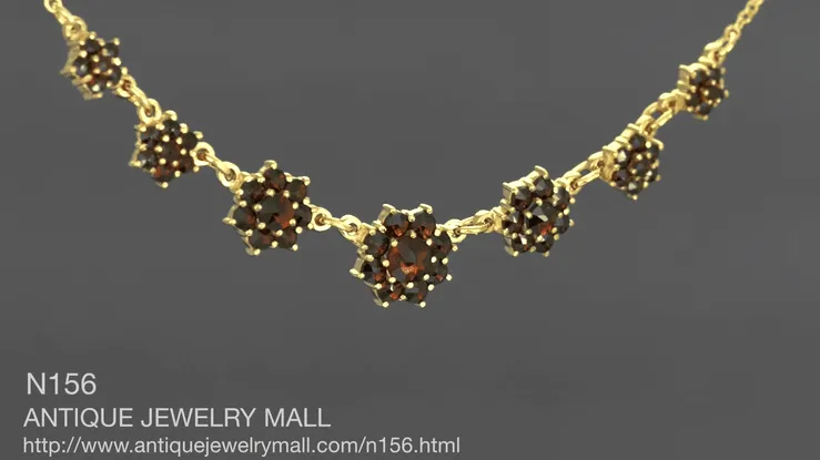 Victorian Bohemian Garnet Flowers Crescent Necklace in Sterling Silver with Yellow Gold Vermeil