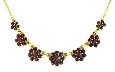 Victorian Bohemian Garnet Flowers Crescent Necklace in Sterling Silver with Yellow Gold Vermeil