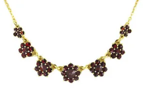 Victorian Bohemian Garnet Flowers Crescent Necklace in Sterling Silver with Yellow Gold Vermeil