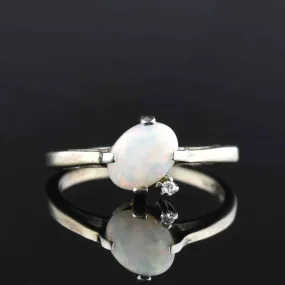 Vintage 10K White Gold Opal Diamond Ring