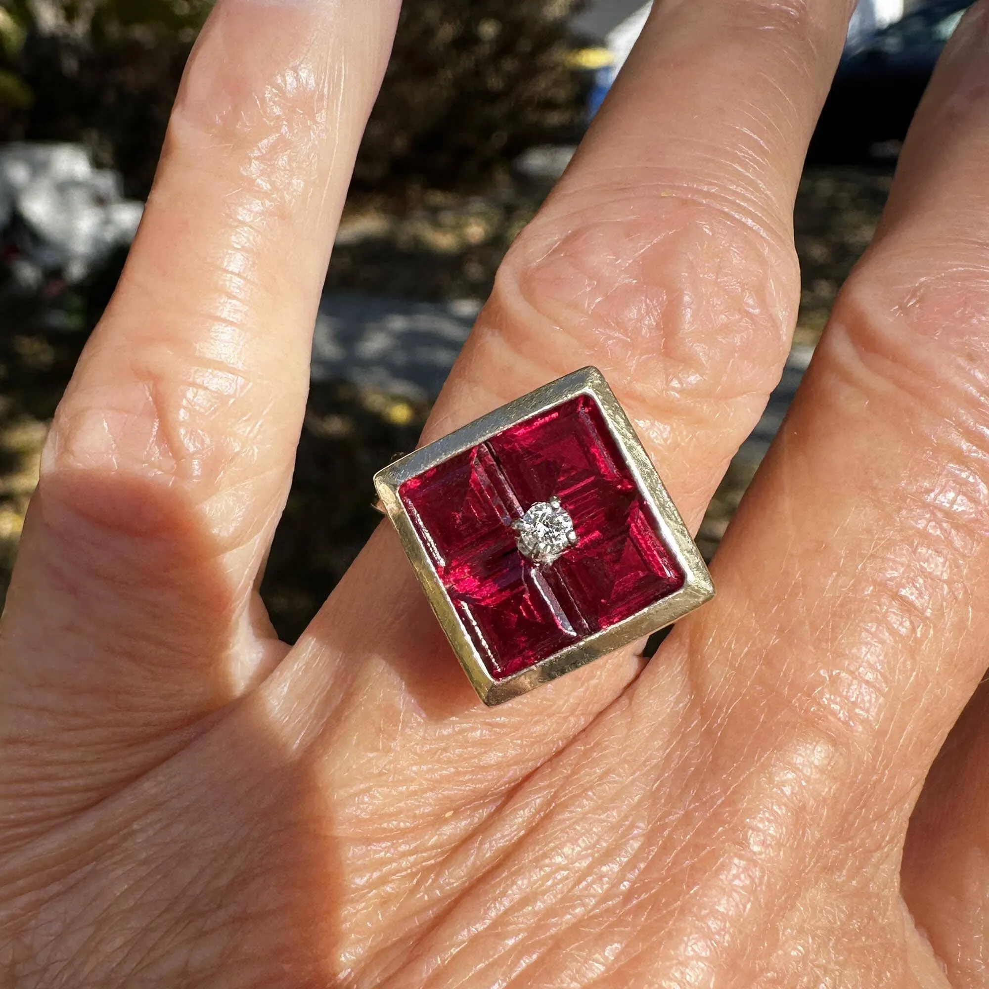 Vintage 14K Gold Diamond Solitaire Emerald Cut Ruby Ring