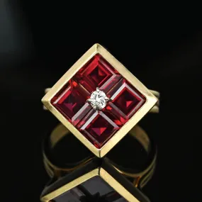 Vintage 14K Gold Diamond Solitaire Emerald Cut Ruby Ring