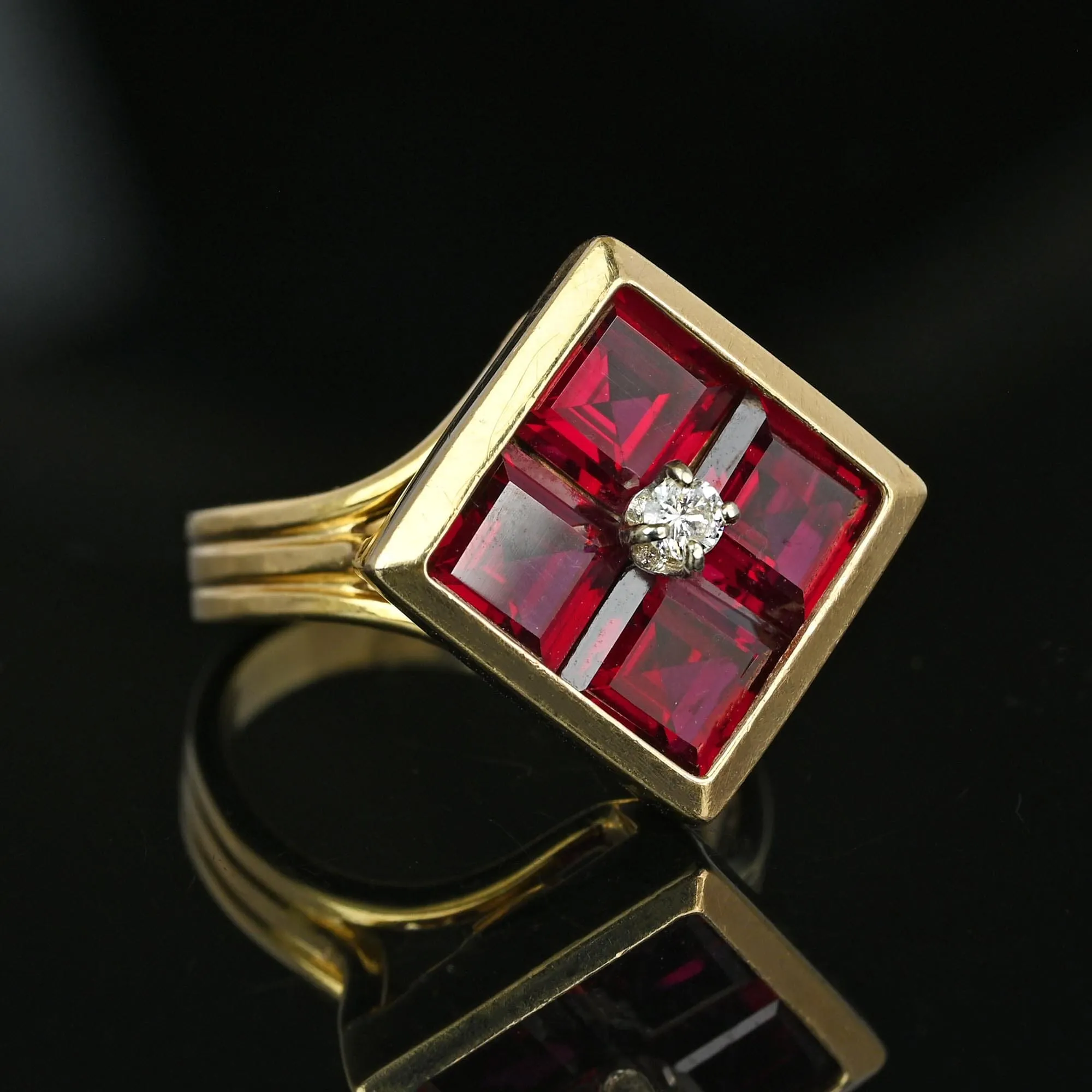 Vintage 14K Gold Diamond Solitaire Emerald Cut Ruby Ring