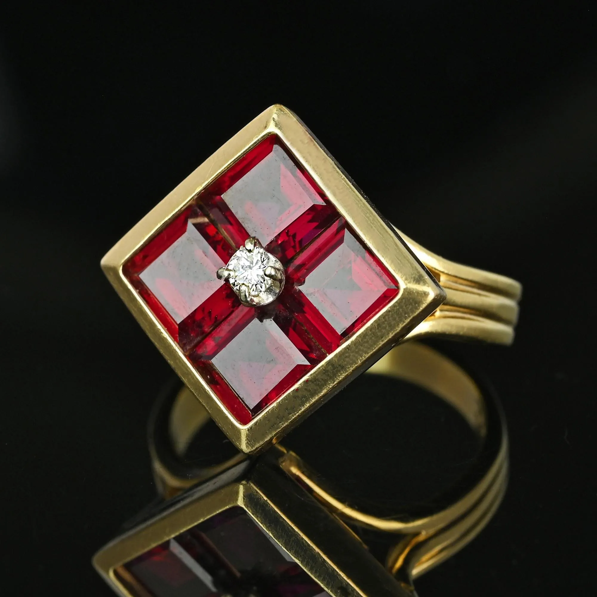 Vintage 14K Gold Diamond Solitaire Emerald Cut Ruby Ring