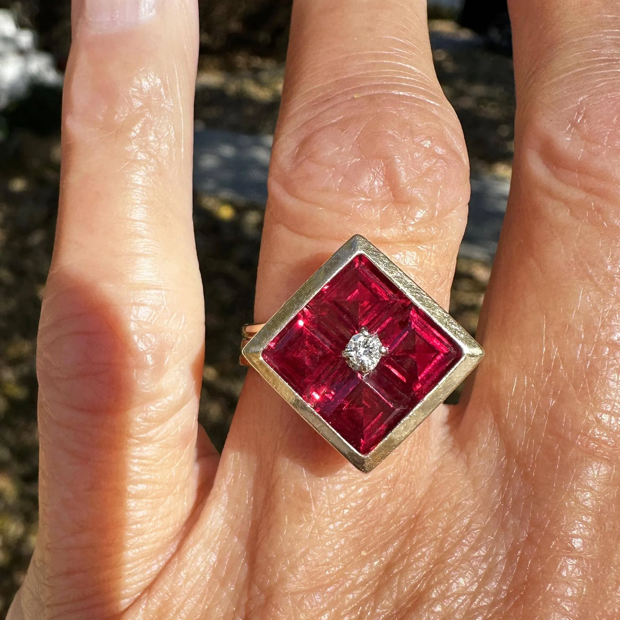 Vintage 14K Gold Diamond Solitaire Emerald Cut Ruby Ring