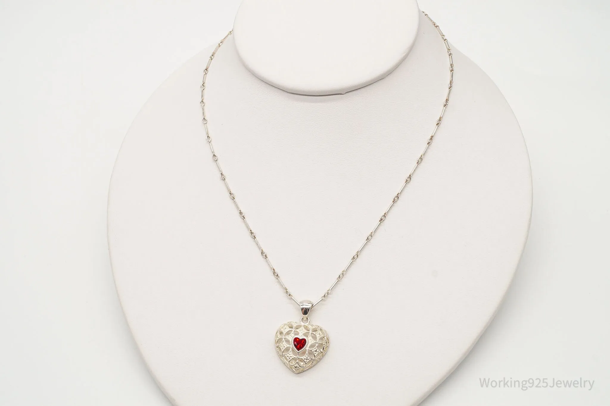 Vintage Avon Garnet Heart Sterling Silver Necklace