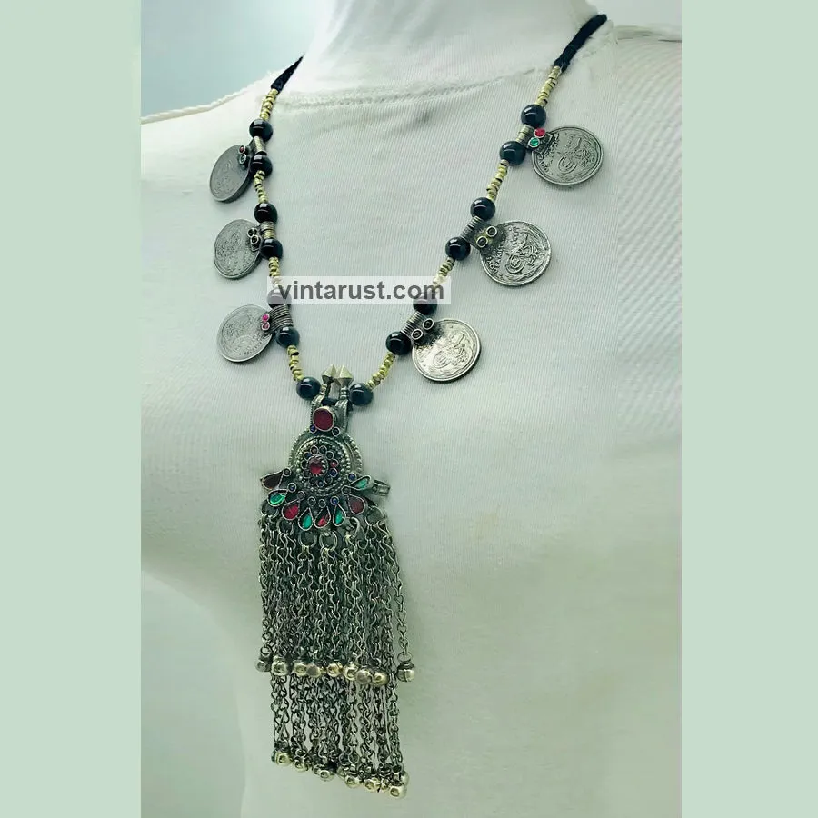 Vintage Beaded Coins Pendant Necklace