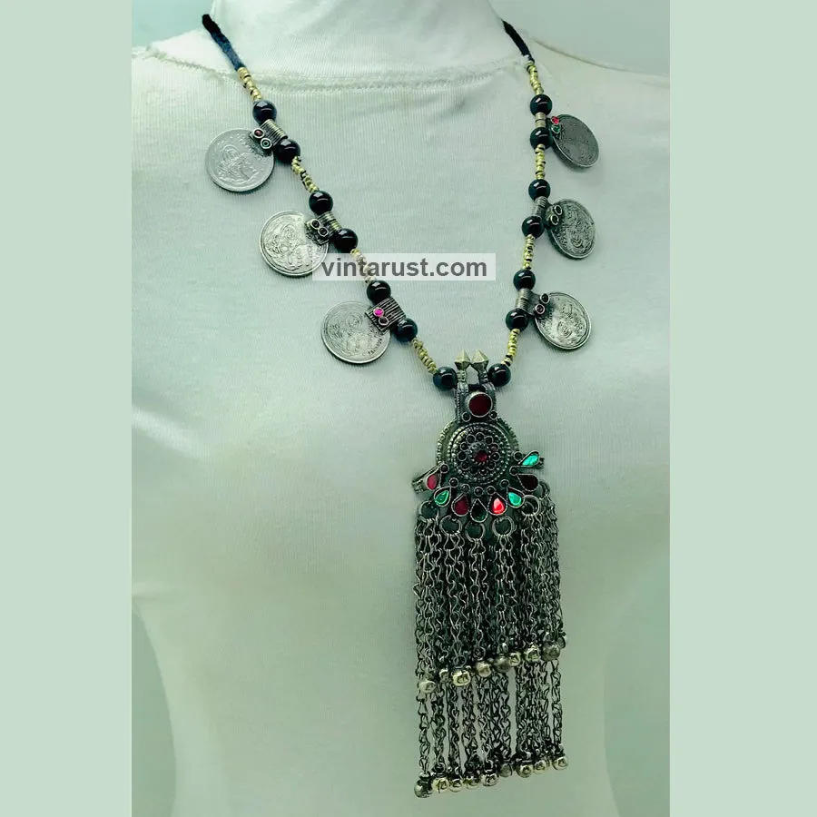 Vintage Beaded Coins Pendant Necklace