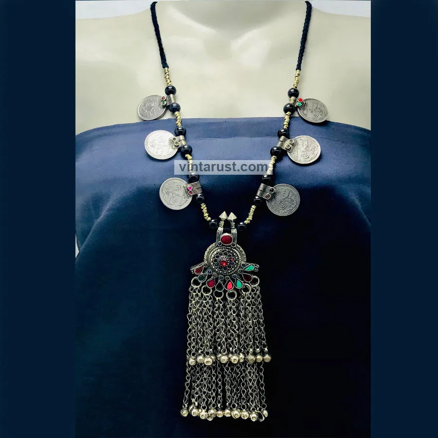 Vintage Beaded Coins Pendant Necklace