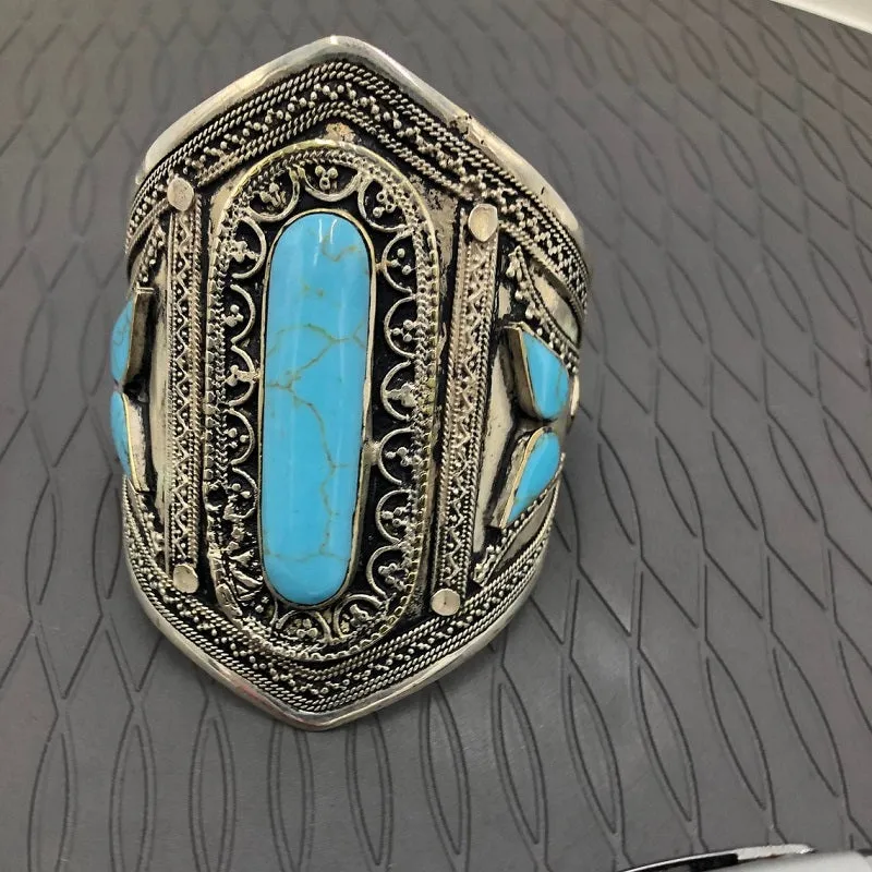 Vintage Boho Turquoise Tribal Handcuff Bracelet