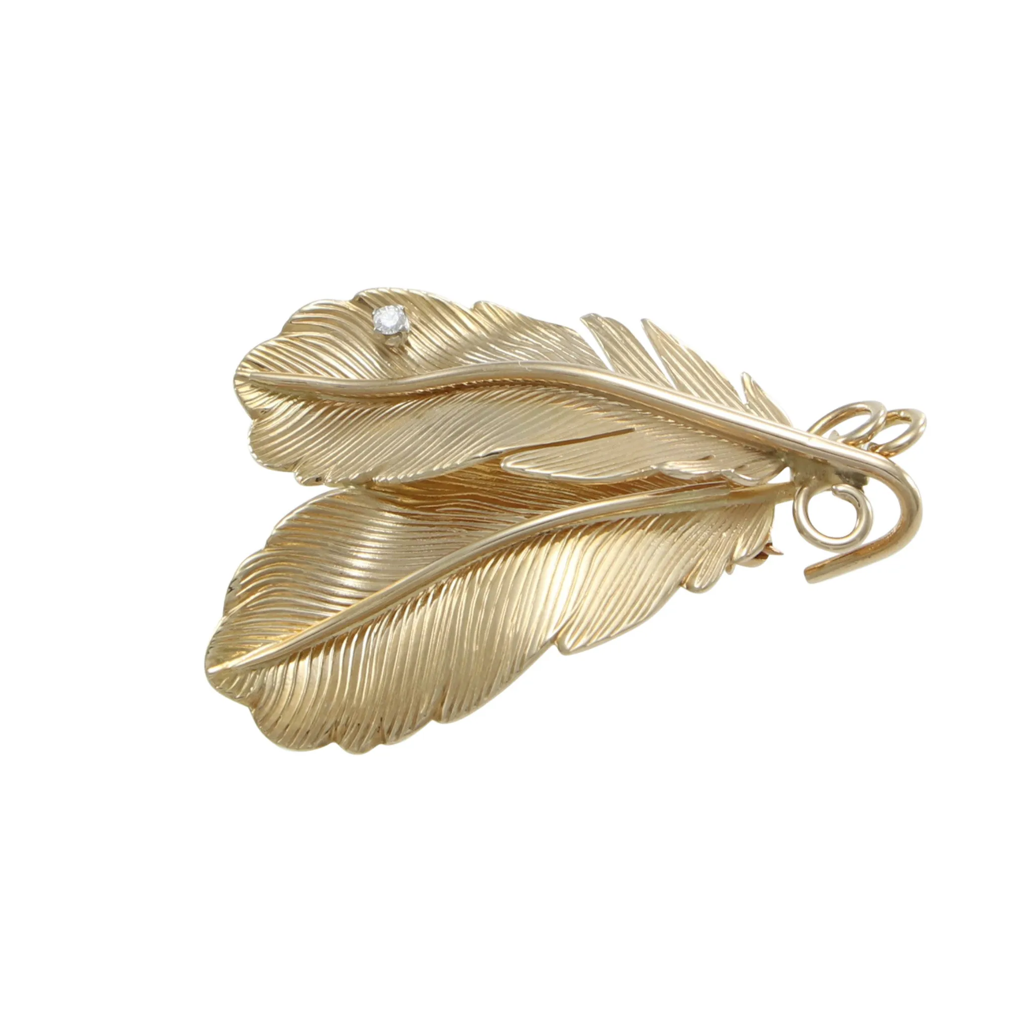 Vintage Cartier Leaf Diamond Brooch Pin 14k Yellow Gold