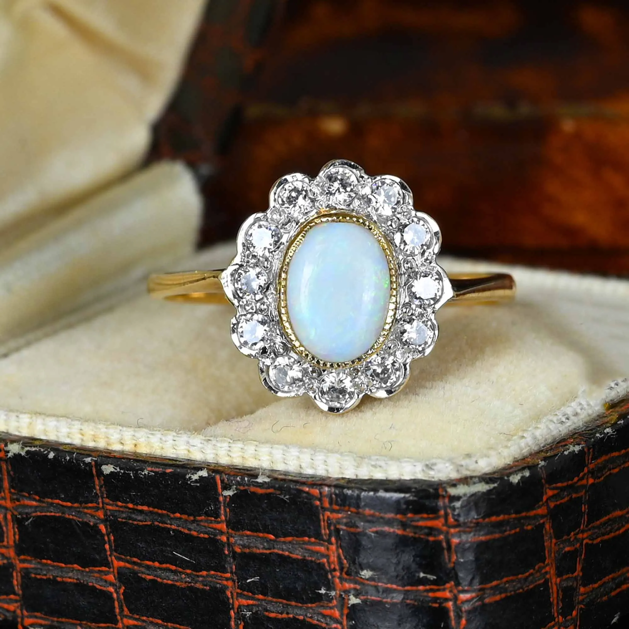 Vintage Diamond Halo Cluster Opal Ring in Gold