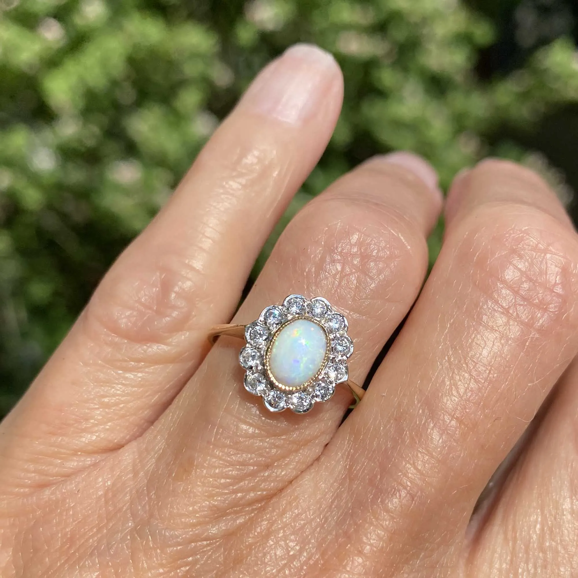 Vintage Diamond Halo Cluster Opal Ring in Gold