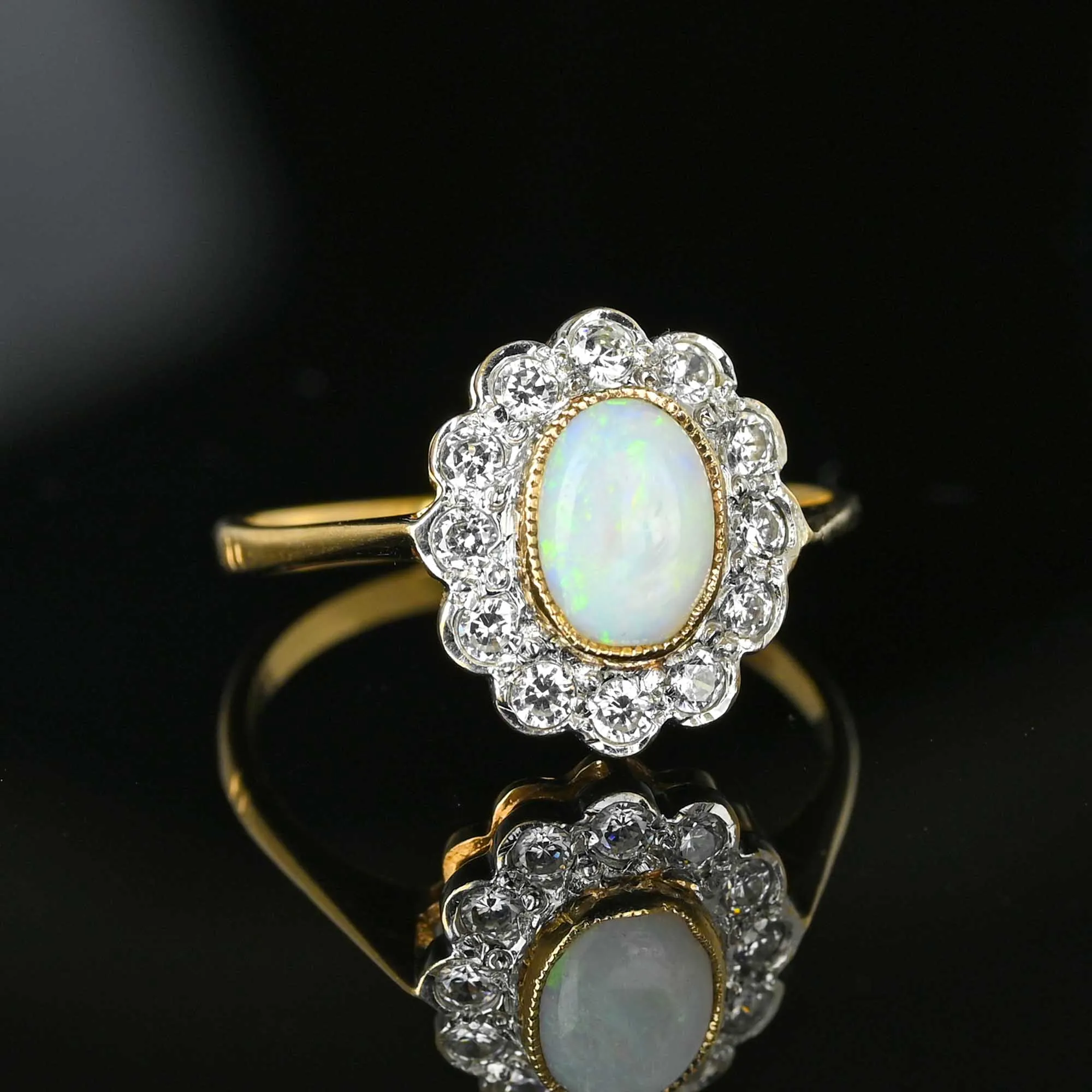 Vintage Diamond Halo Cluster Opal Ring in Gold