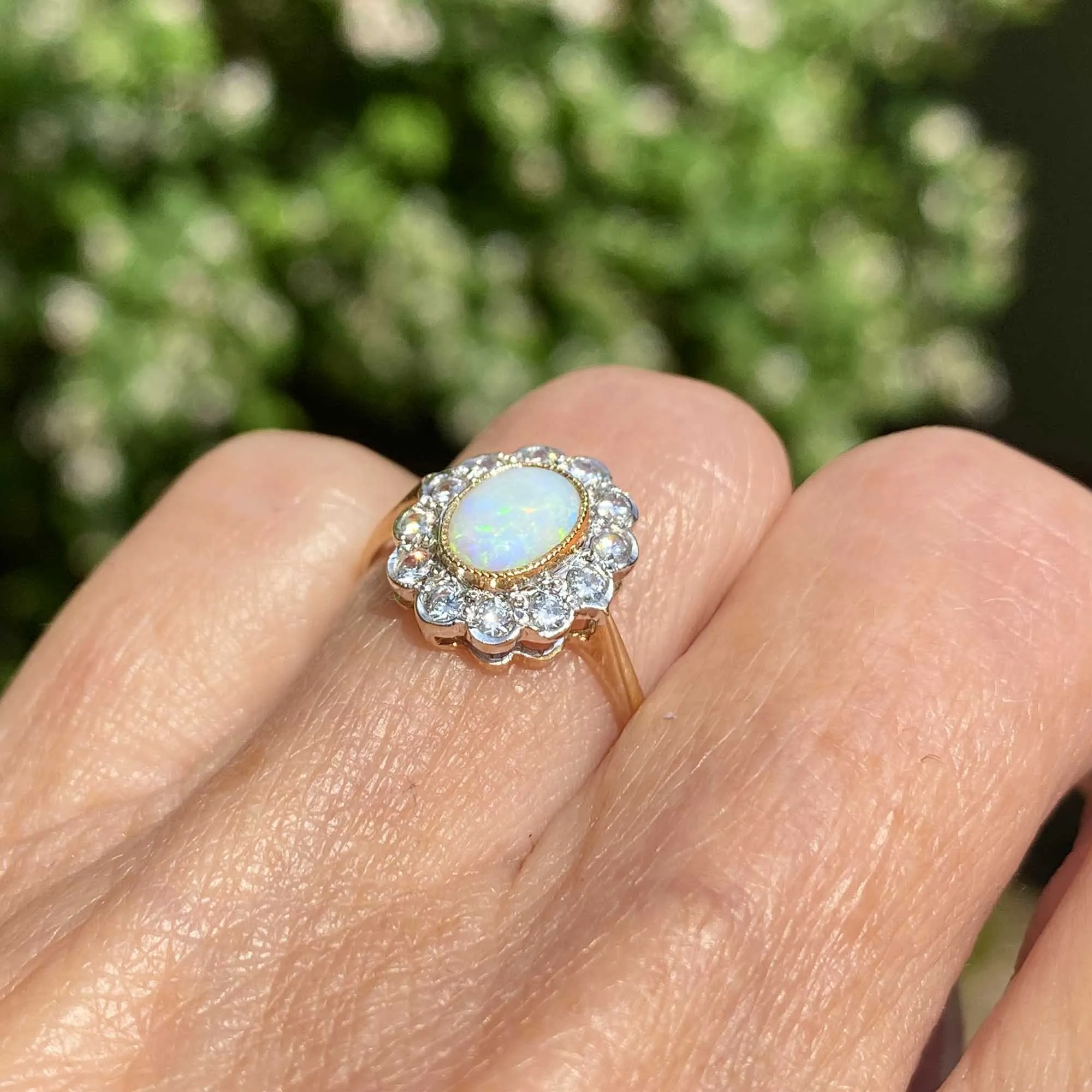 Vintage Diamond Halo Cluster Opal Ring in Gold