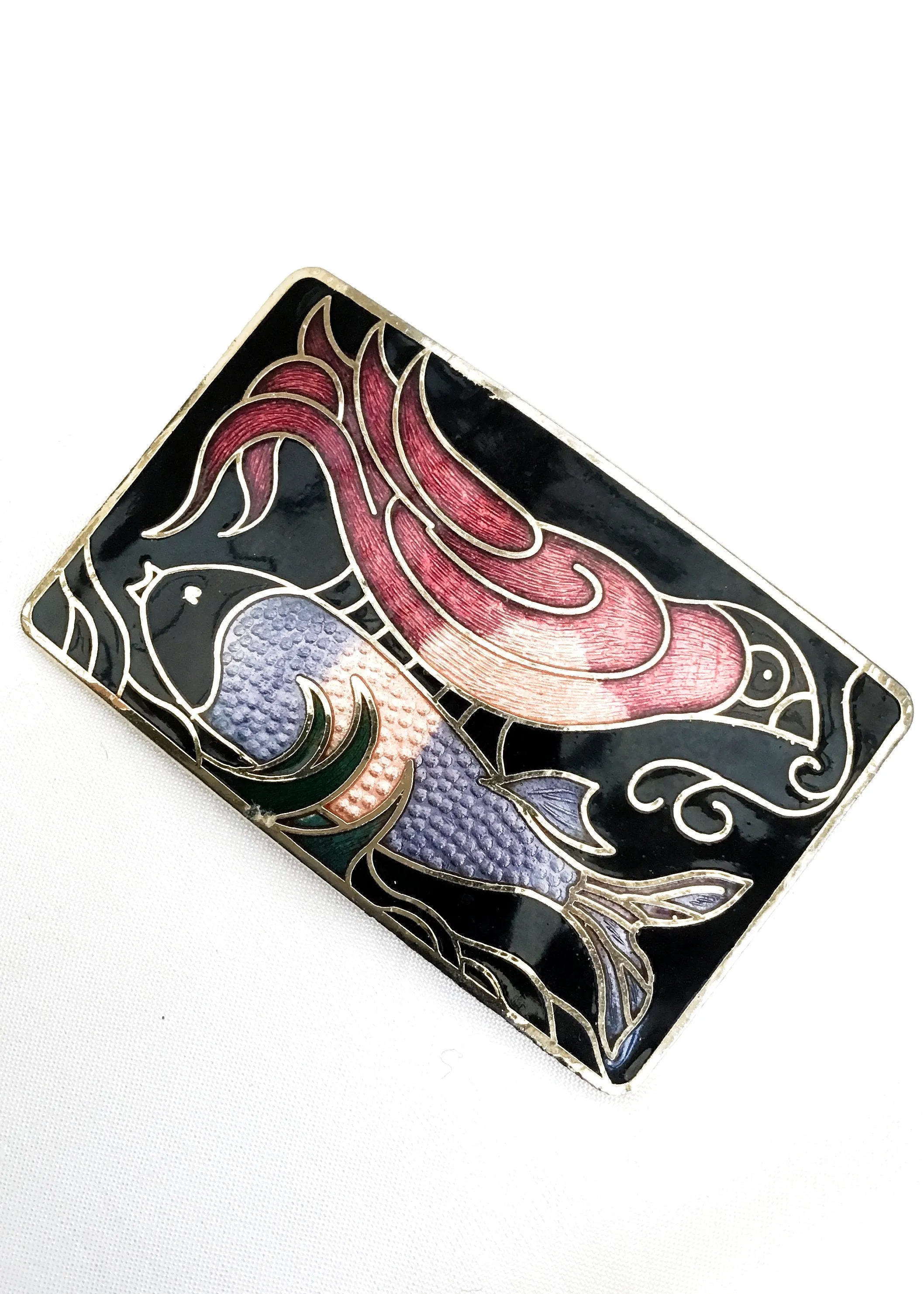 Vintage Enamel Cloisonné Bird and Fish Brooch