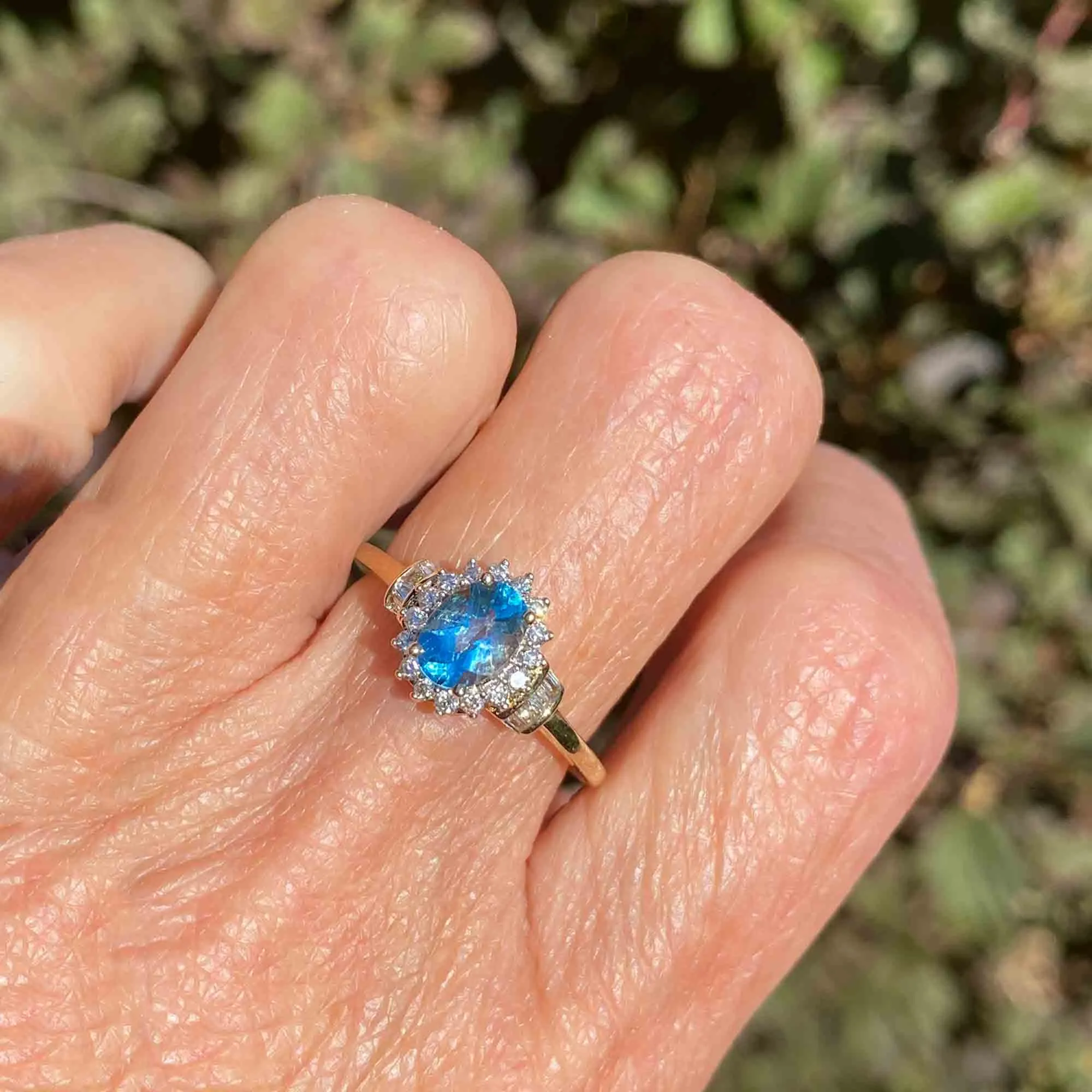 Vintage Gold Blue Topaz Baguette Diamond Halo Ring