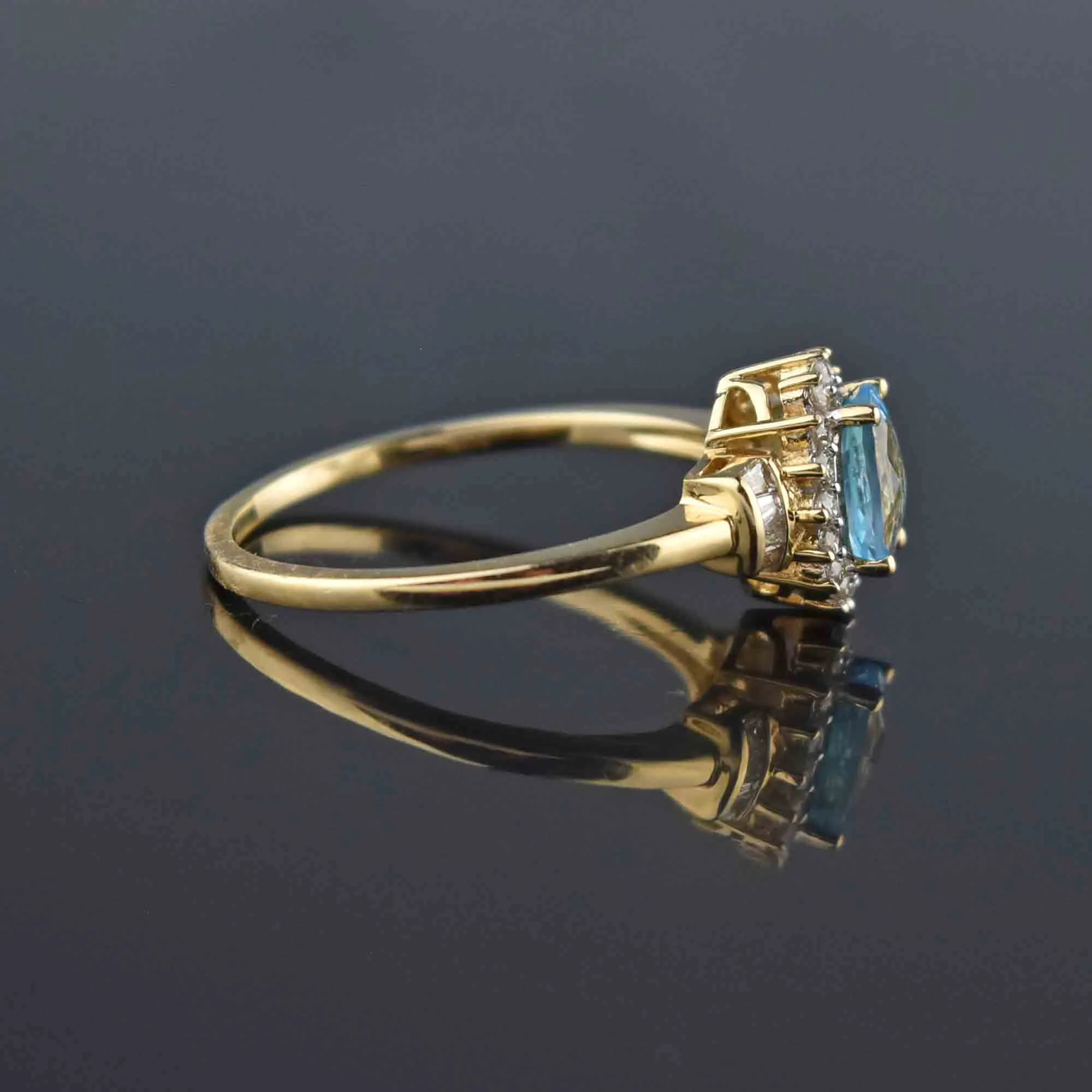 Vintage Gold Blue Topaz Baguette Diamond Halo Ring