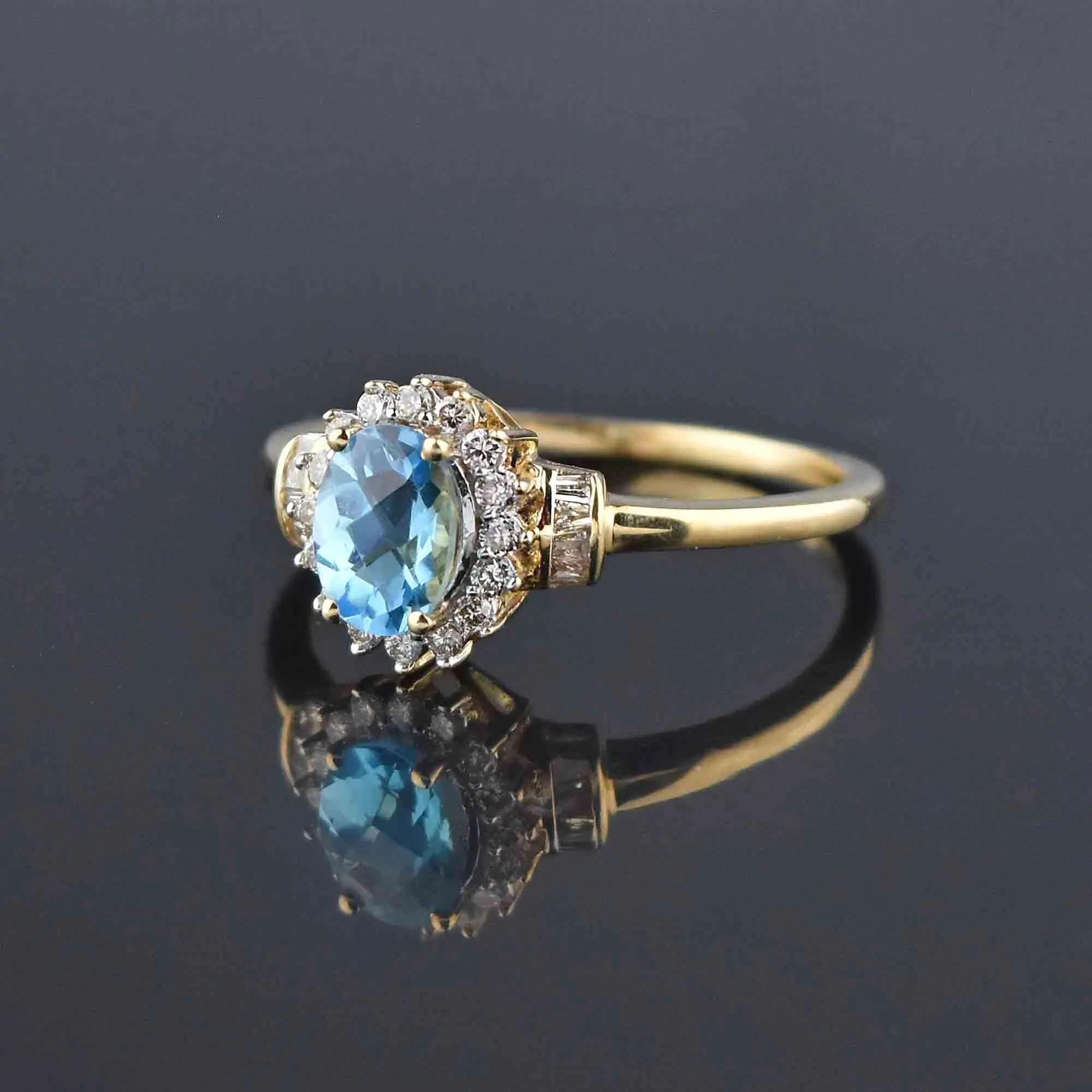 Vintage Gold Blue Topaz Baguette Diamond Halo Ring