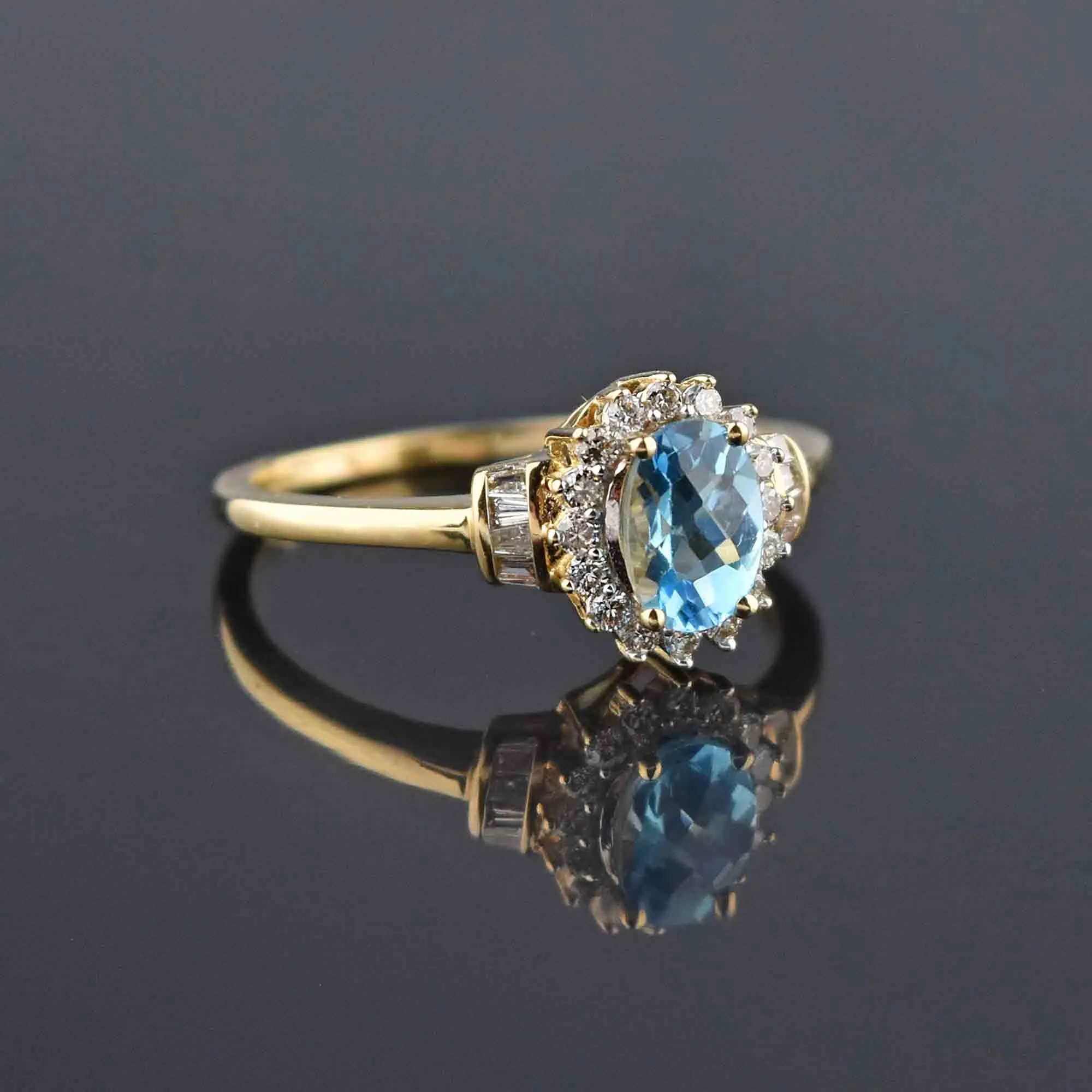 Vintage Gold Blue Topaz Baguette Diamond Halo Ring