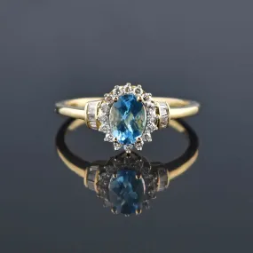 Vintage Gold Blue Topaz Baguette Diamond Halo Ring