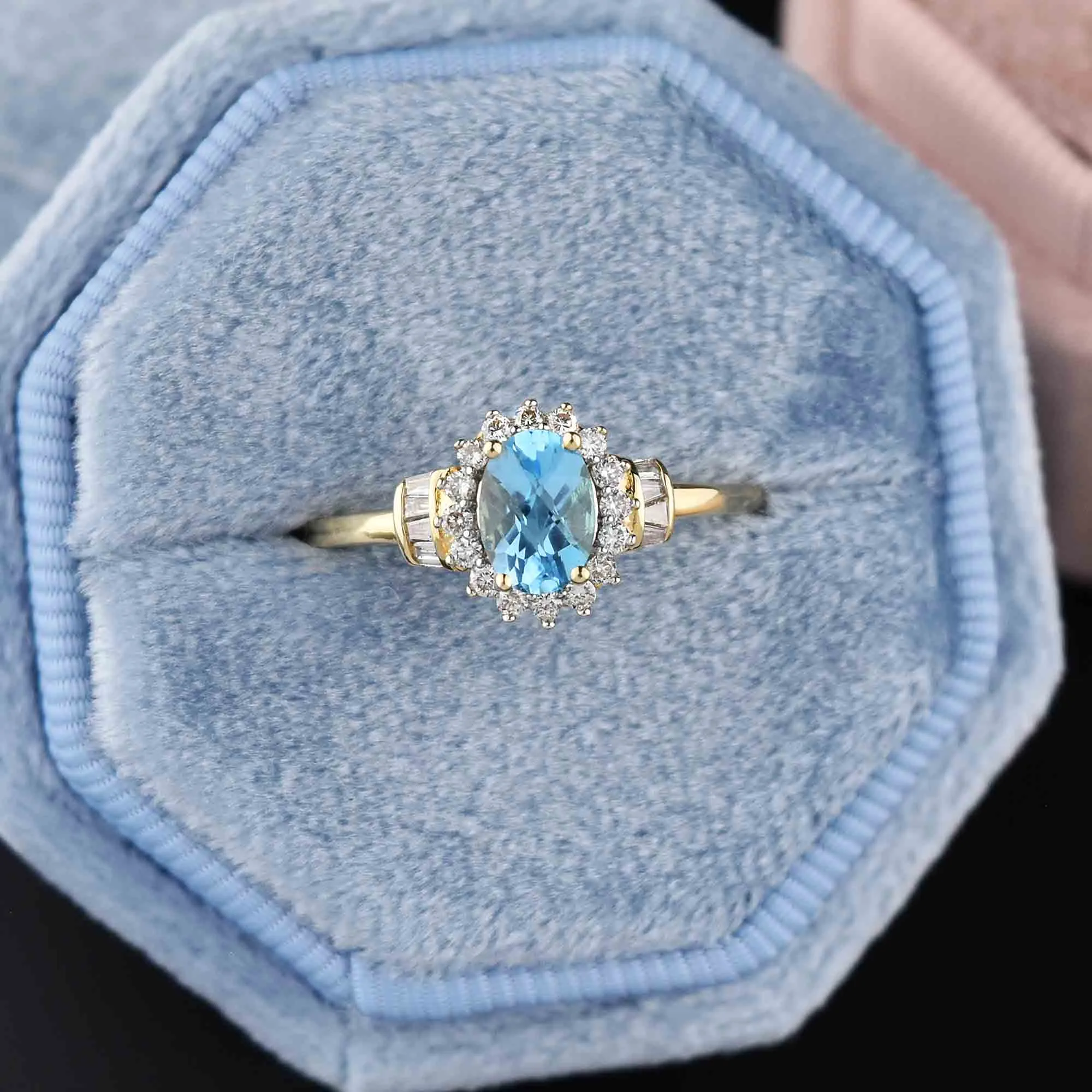 Vintage Gold Blue Topaz Baguette Diamond Halo Ring