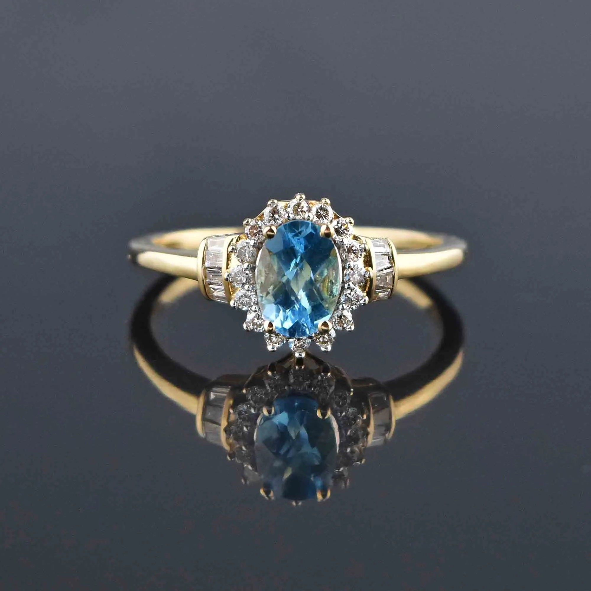 Vintage Gold Blue Topaz Baguette Diamond Halo Ring