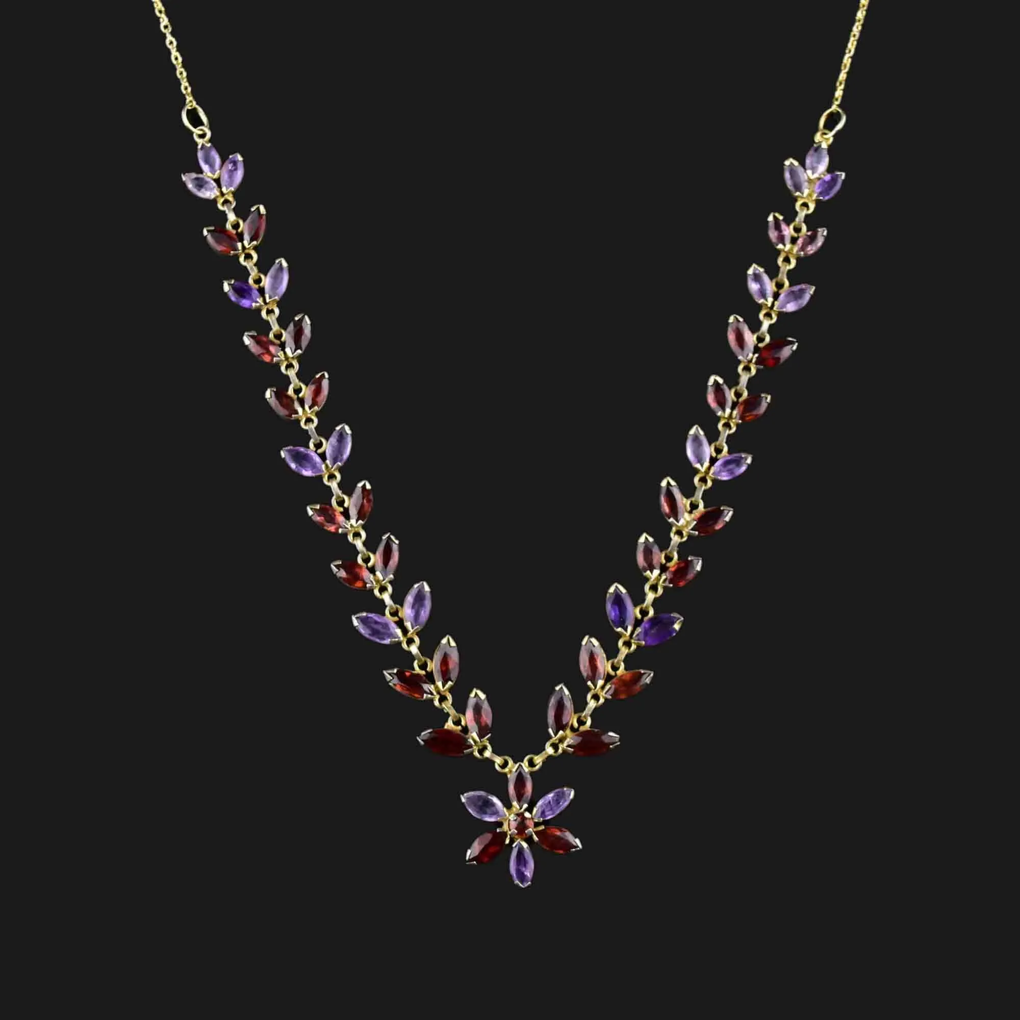 Vintage Gold Gilt Amethyst Garnet Floral Chain Necklace