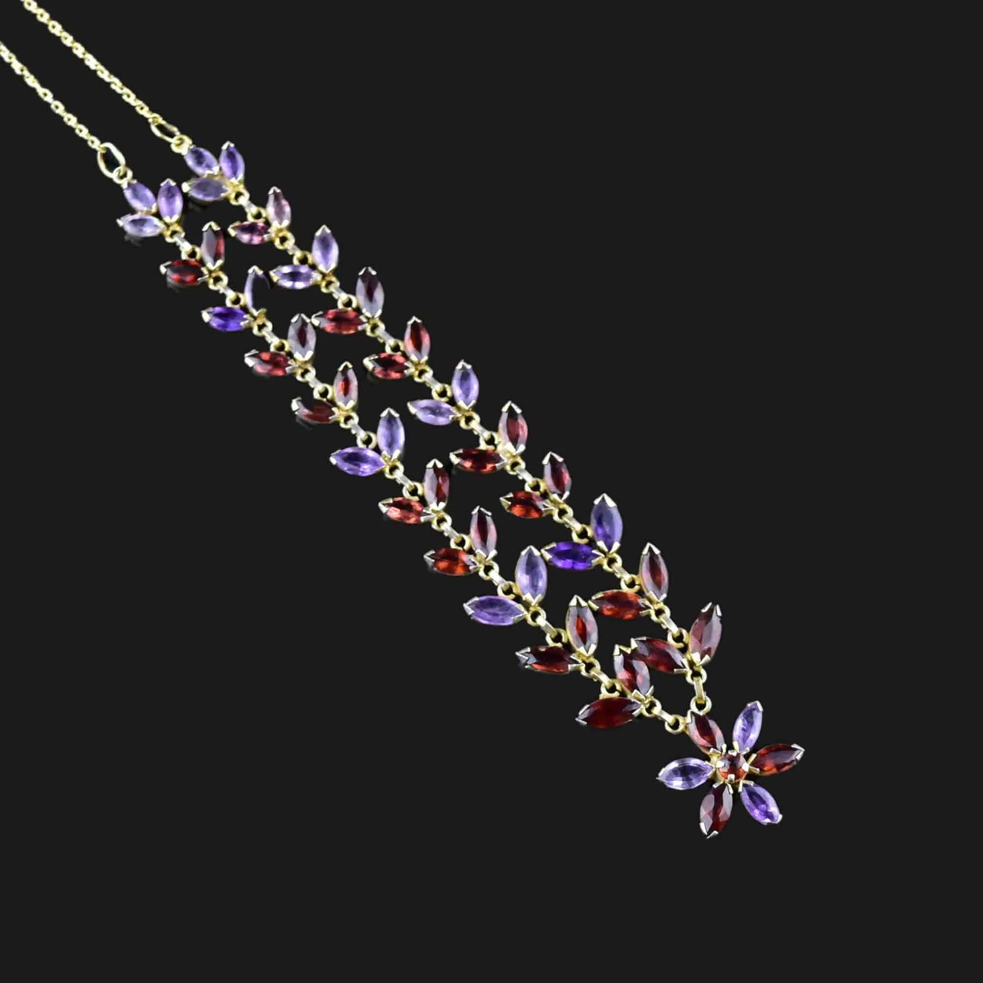 Vintage Gold Gilt Amethyst Garnet Floral Chain Necklace