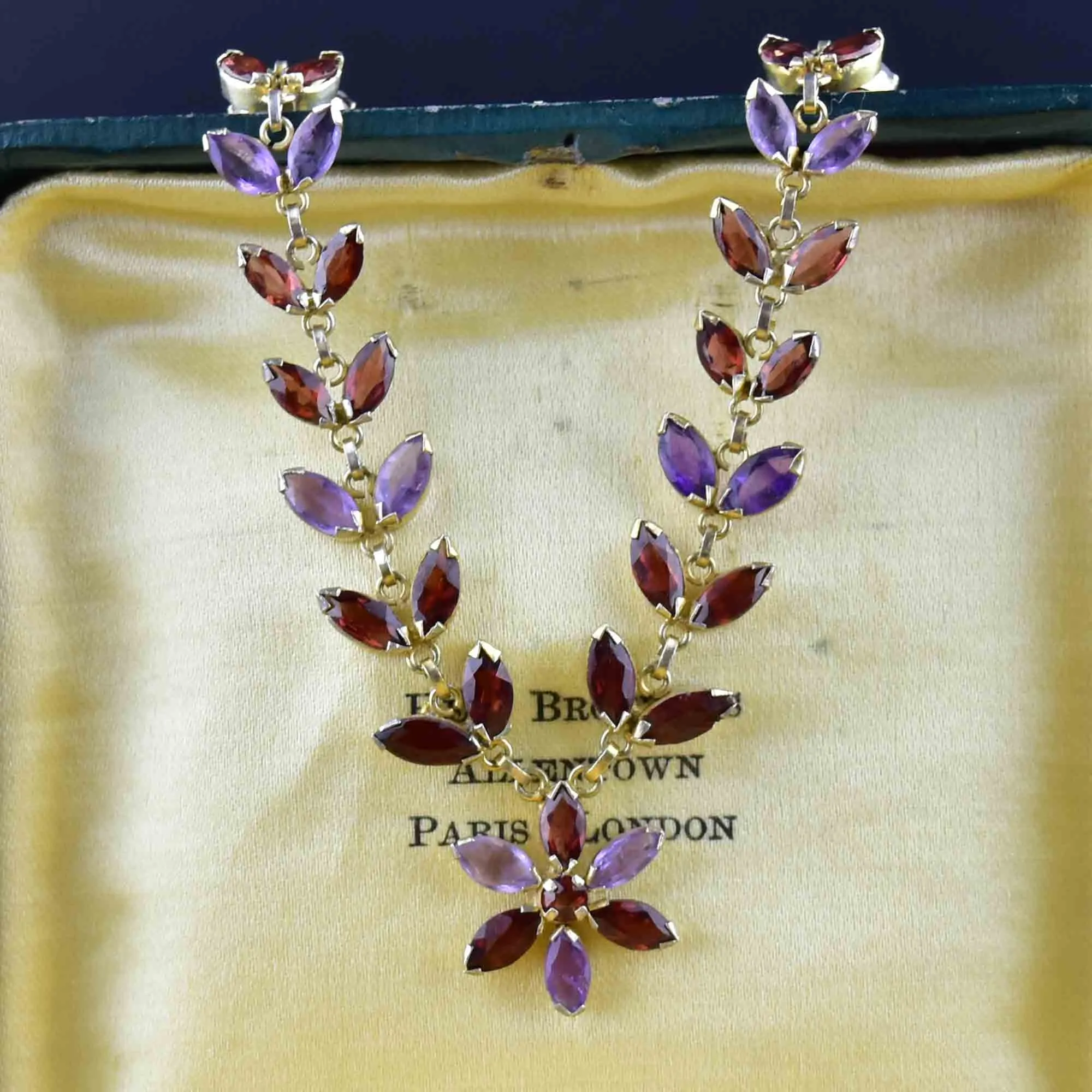 Vintage Gold Gilt Amethyst Garnet Floral Chain Necklace