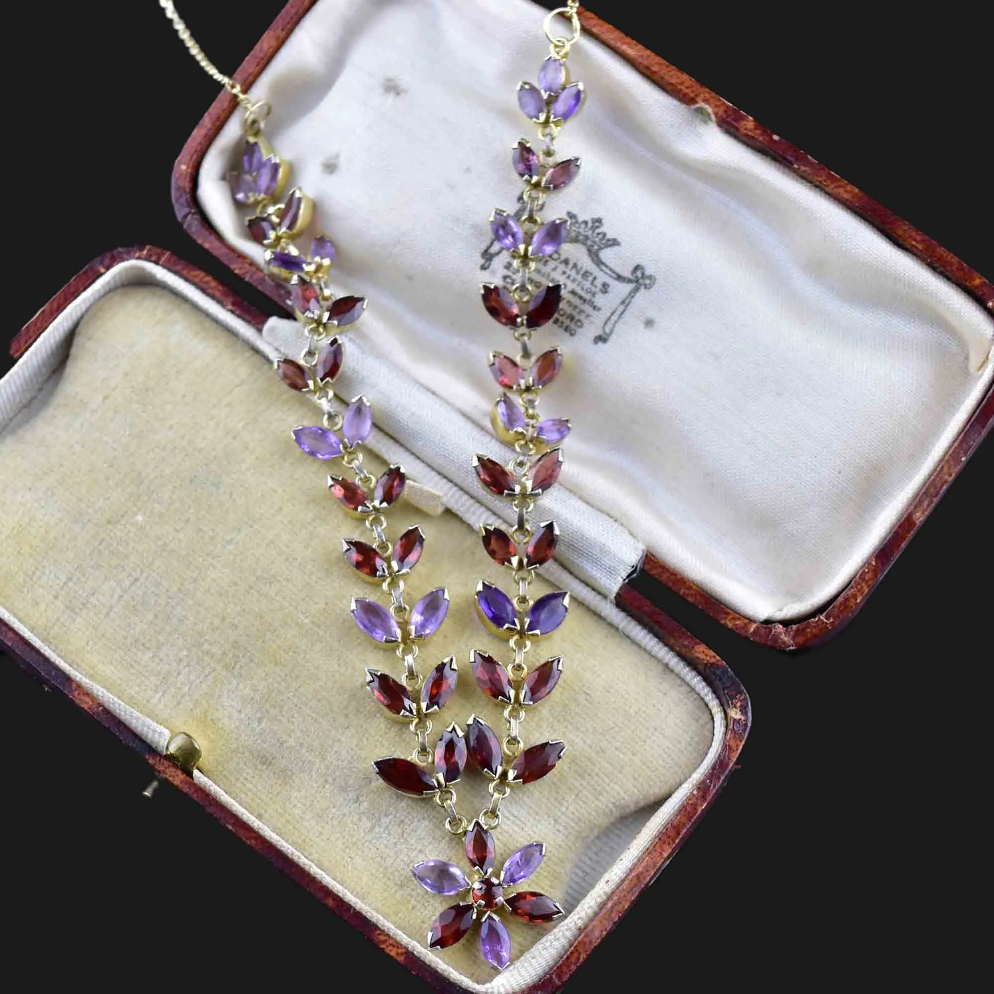 Vintage Gold Gilt Amethyst Garnet Floral Chain Necklace