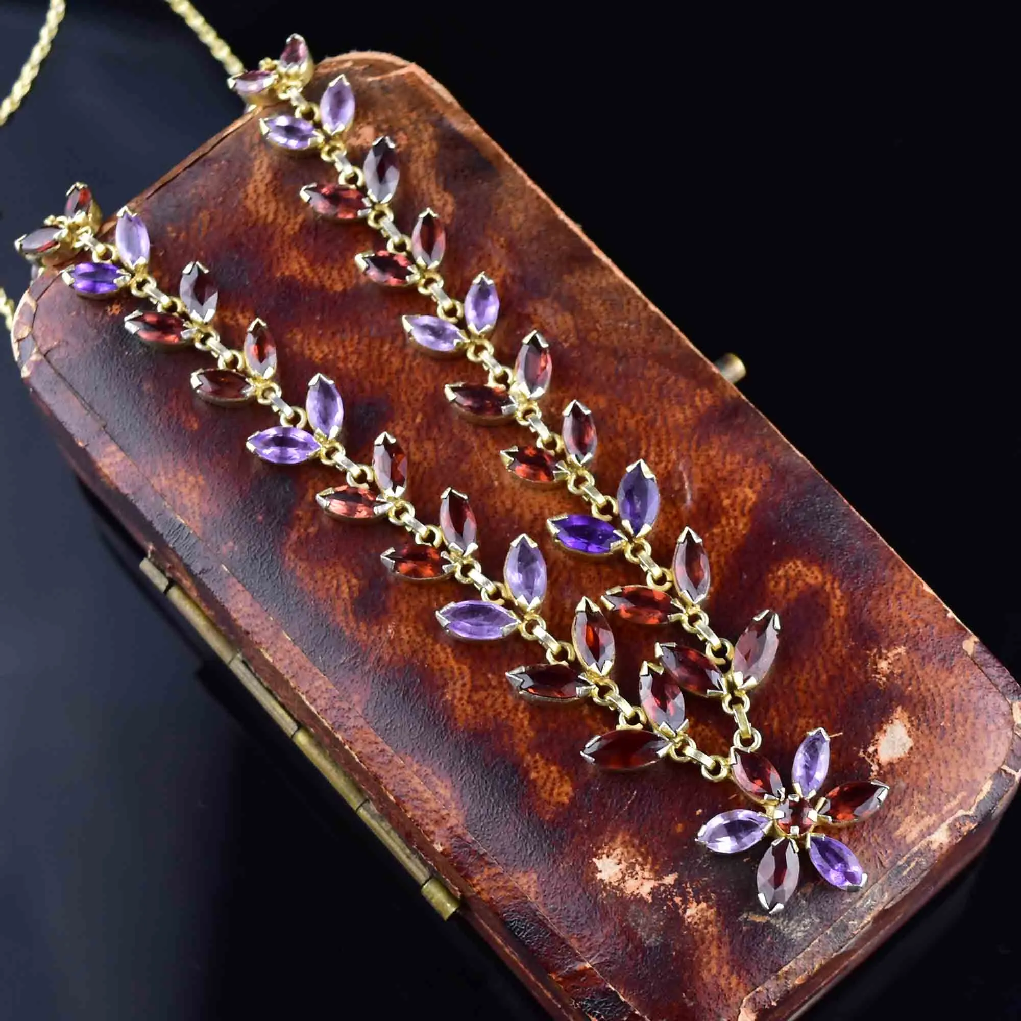 Vintage Gold Gilt Amethyst Garnet Floral Chain Necklace